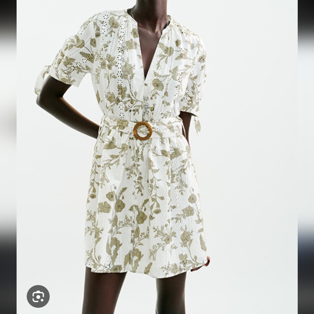 Zara Floral Print Cutwork Embroidery V Neck Dress With Belt XL